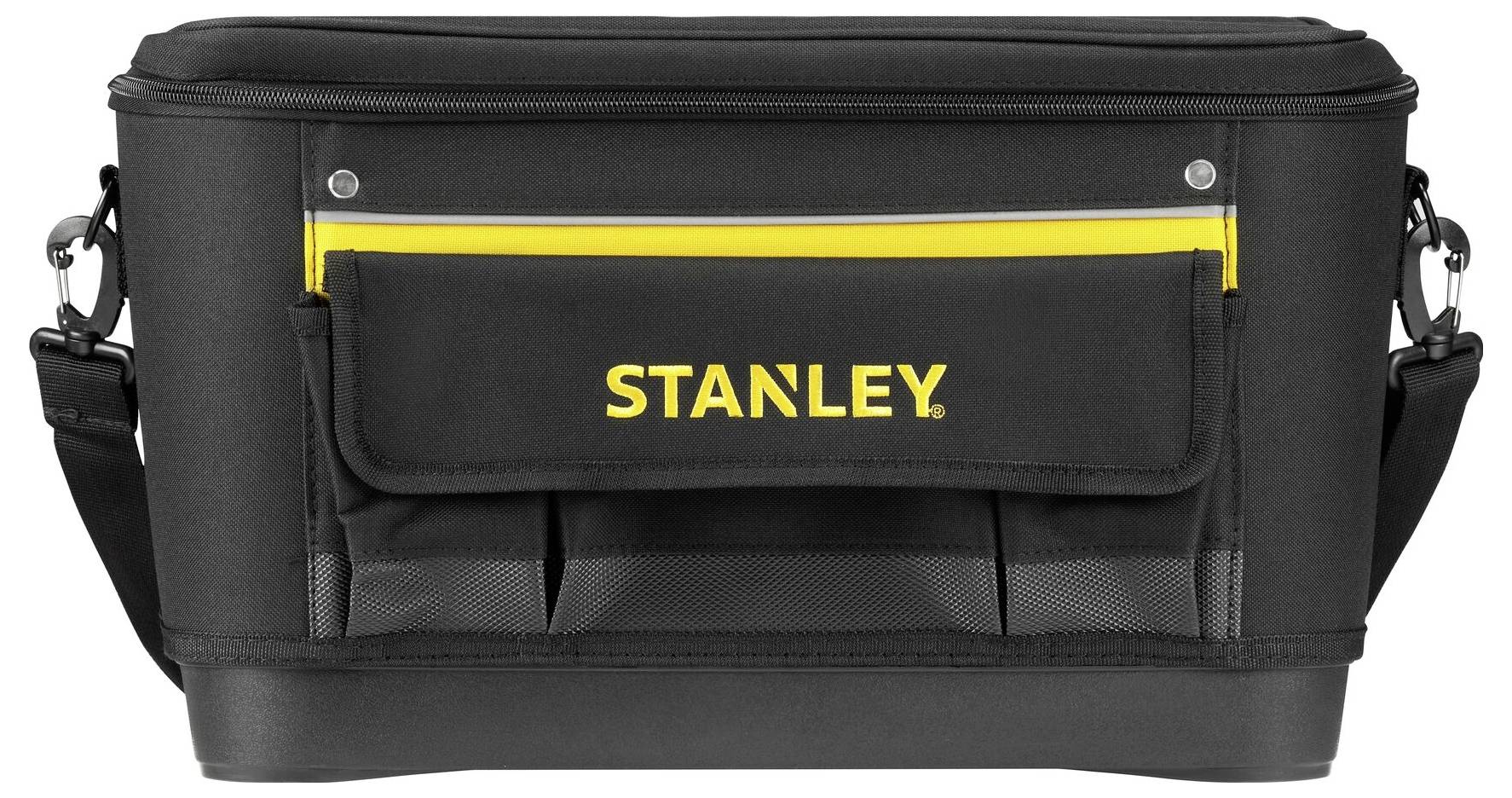 Schwarze Werkzeugtasche mit gelbem Band und der Aufschrift 'STANLEY'. Sie hat mehrere Taschen und einen verstellbaren Schultergurt.