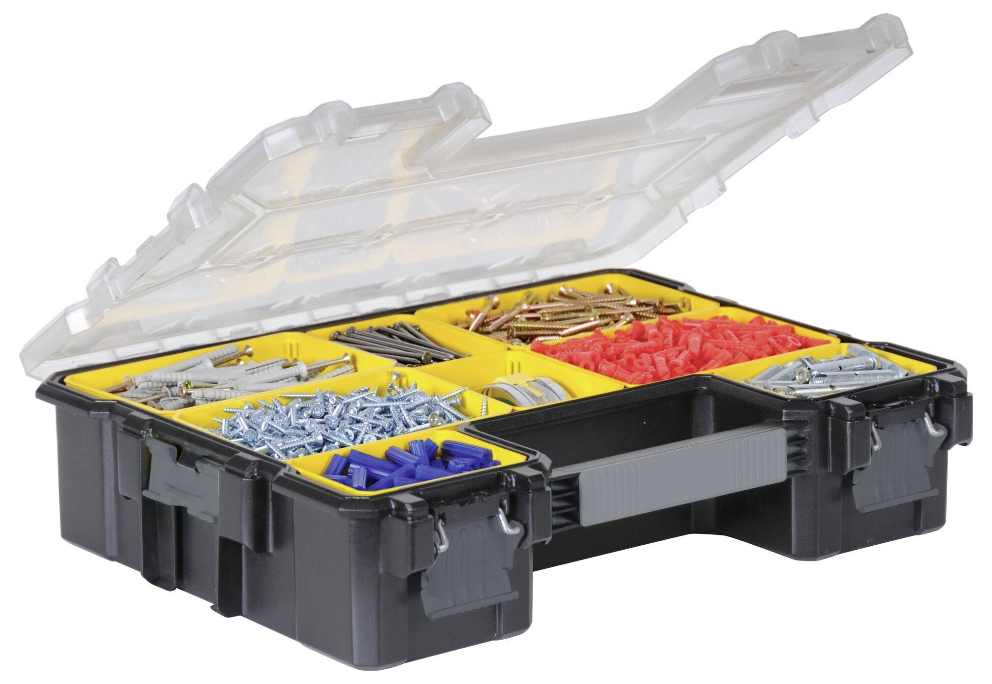 Ein geöffneter Sortimentskasten mit verschiedenen Schrauben, Nägeln und Dübeln in gelben Fächern, zur Aufbewahrung und Organisation.