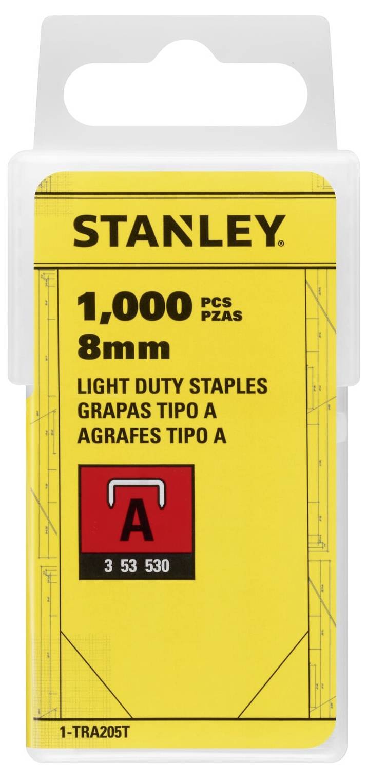 Gelbe Verpackung mit der Aufschrift 'STANLEY'. Enthält 1.000 leichte Heftklammern, 8 mm, Typ A.