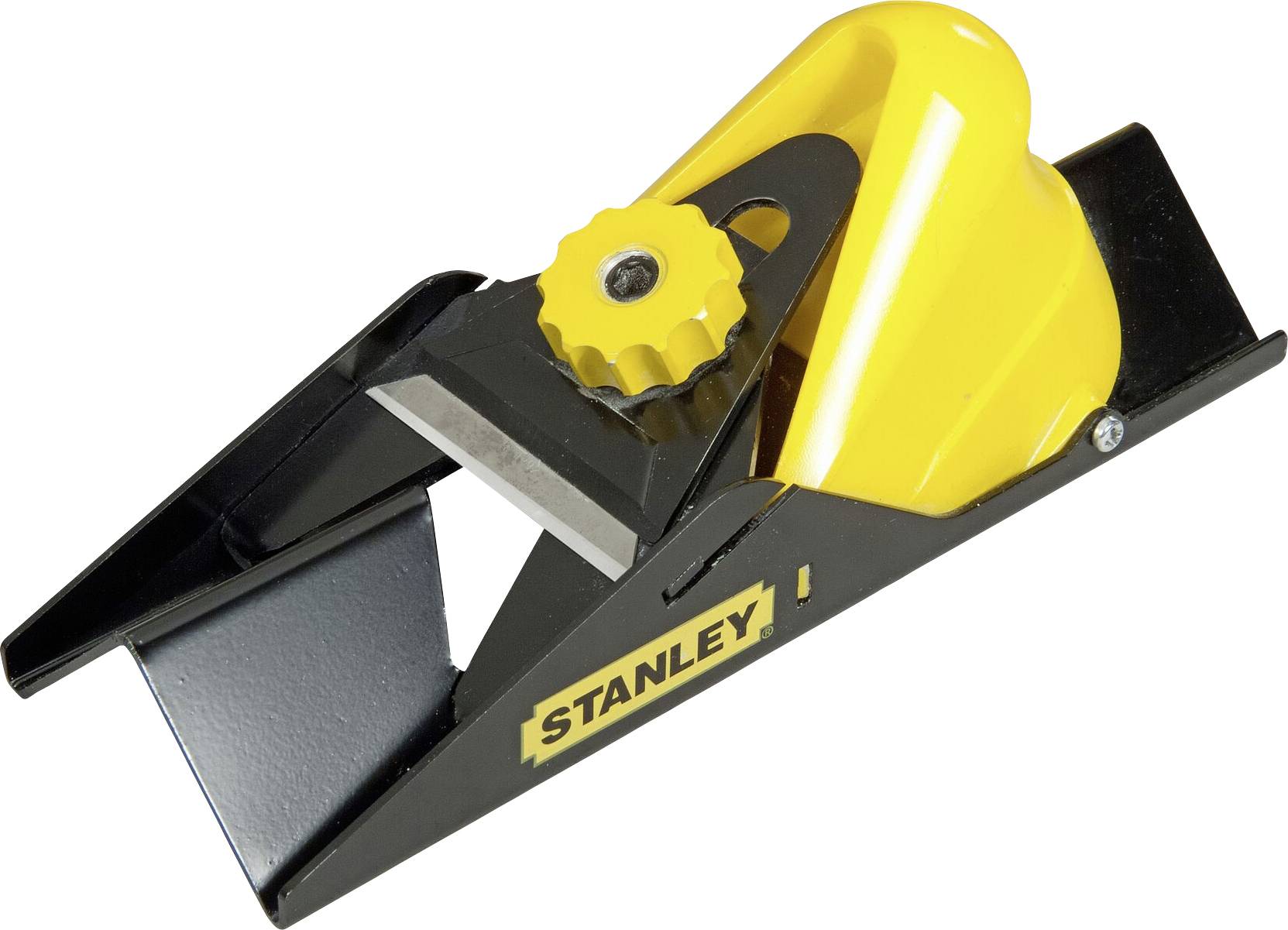 Ein gelber, handbetätigter Hobel der Marke Stanley, mit einem schwarzen Metallgehäuse und einem verstellbaren Schneidmesser.
