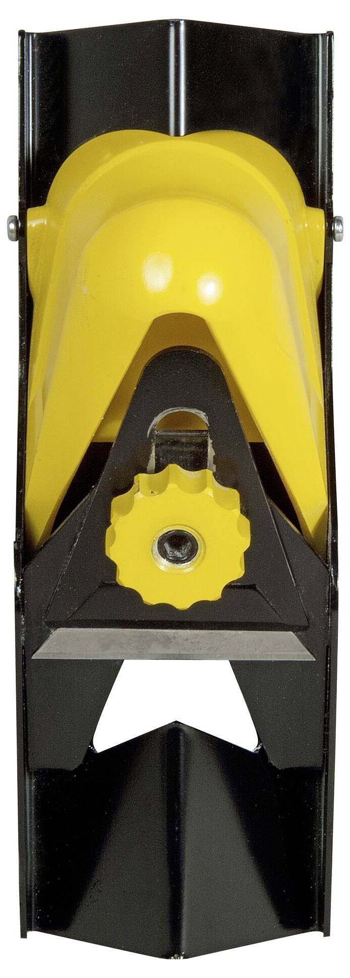 Handhobel mit gelbem Griff und verstellbarem Metallmund, frontal abgebildet, auf weißem Hintergrund.