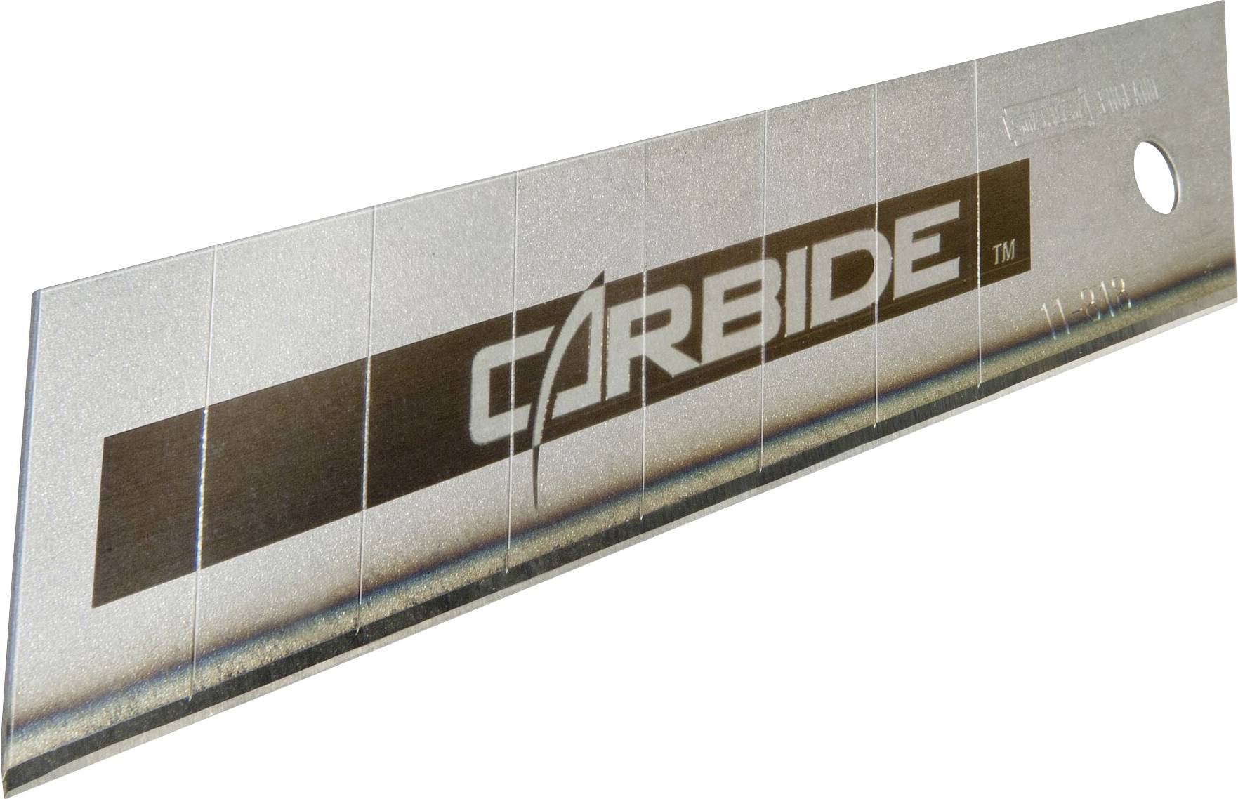 Ein silbriges Ersatzklingenblatt mit dem Aufdruck 'CARBIDE', spitz zulaufend mit mehreren vertikalen Markierungen zur Segmentierung.