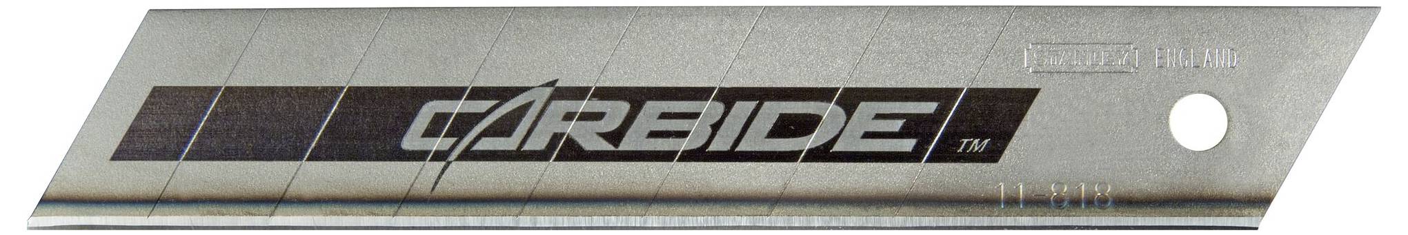 Ein Metallklingenstück mit der Aufschrift 'CARBIDE'. Enthält Markierungen zur Segmentierung und ein Loch auf der rechten Seite.