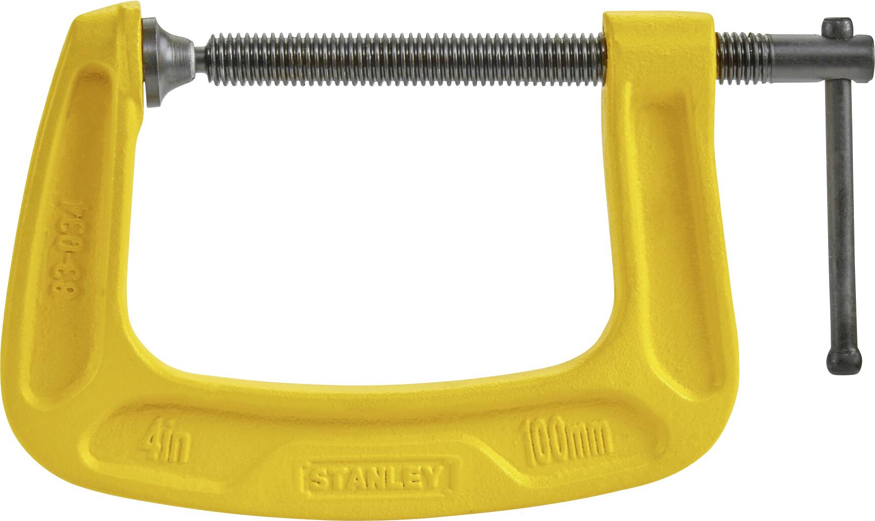 Eine gelbe Schraubzwinge zum Fixieren oder Sichern von Werkstücken. Sie hat eine Öffnung von 4 Zoll (100 mm).