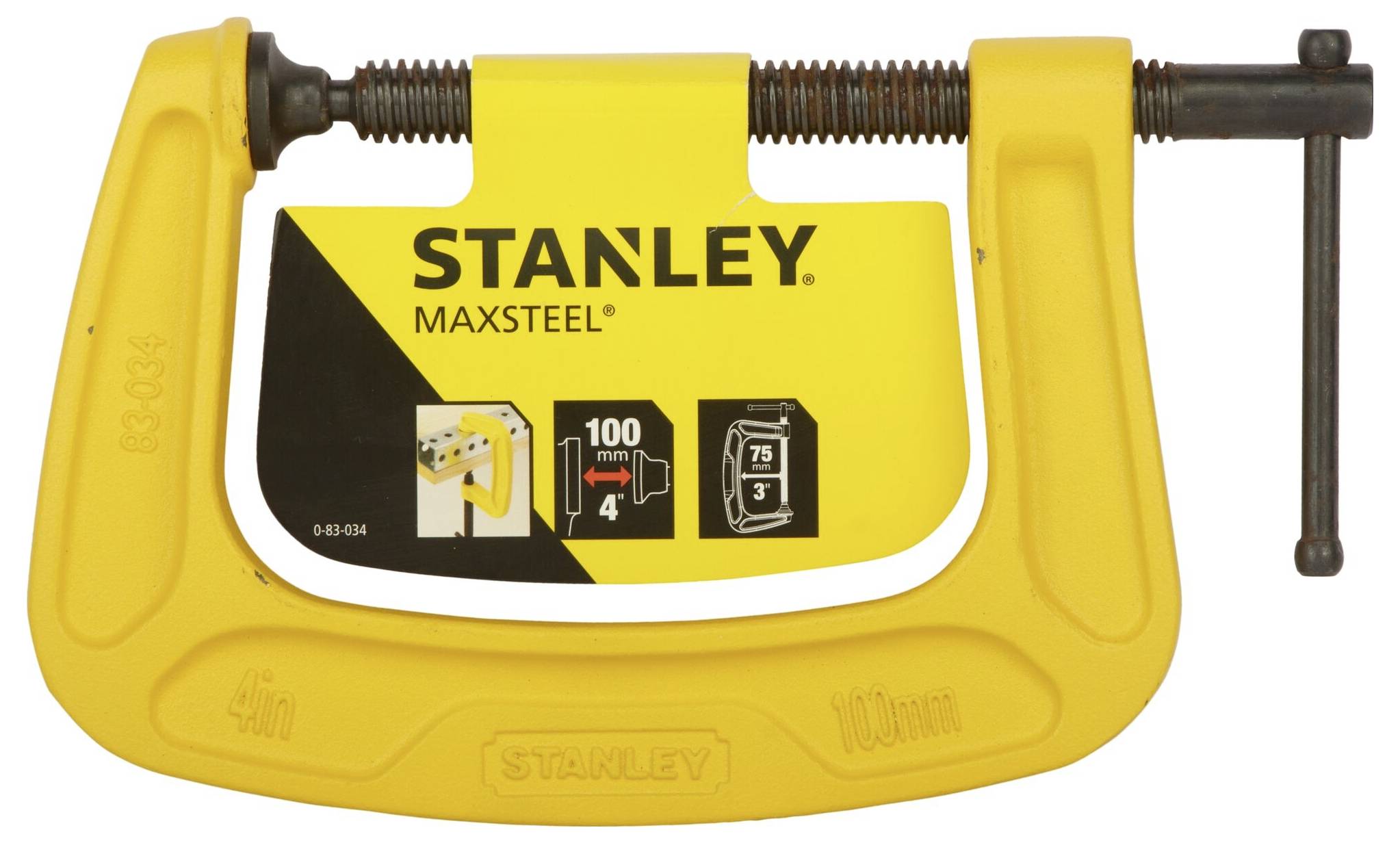 Gelber Schraubzwinge mit der Aufschrift 'STANLEY MAXSTEEL', Spannweite von 100 mm, mit Größenangabe in Zoll und mm.