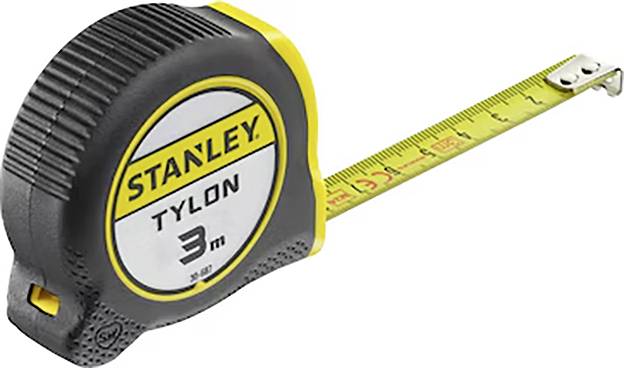 Ein Stahlmaßstab mit schwarzem und gelbem Gehäuse mit der Bezeichnung „Stanley Tylon 3m