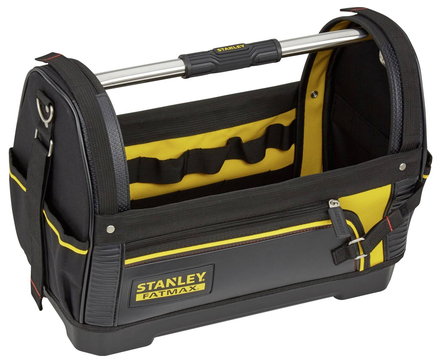 'Offene Werkzeugtasche mit Metallgriff und Taschen an der Seite. Logo 