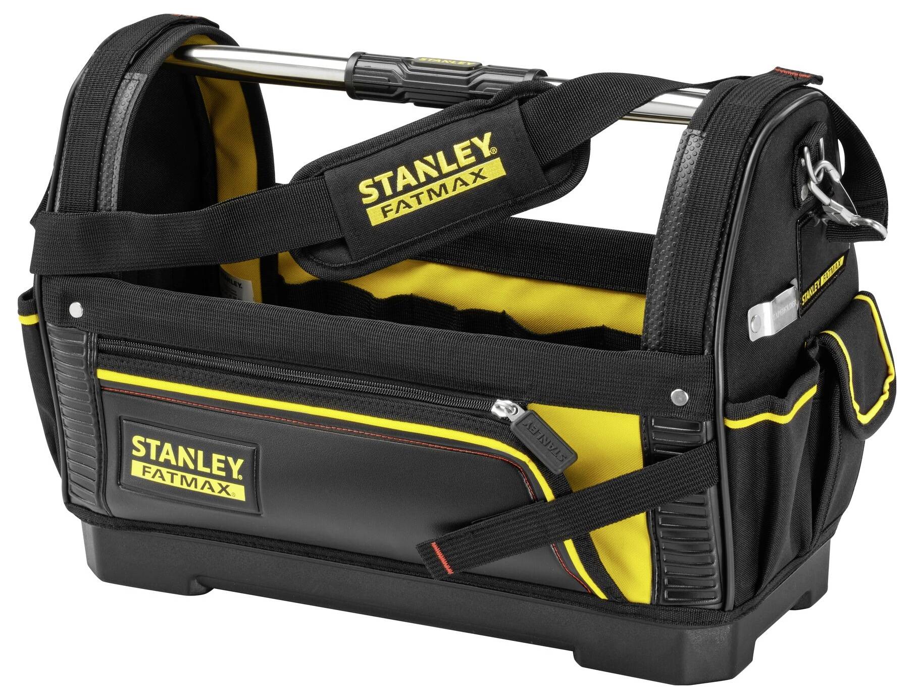 Schwarze und gelbe Werkzeugtasche mit Griff, markiert mit 'Stanley Fatmax', geräumig für Werkzeuge und Zubehör.