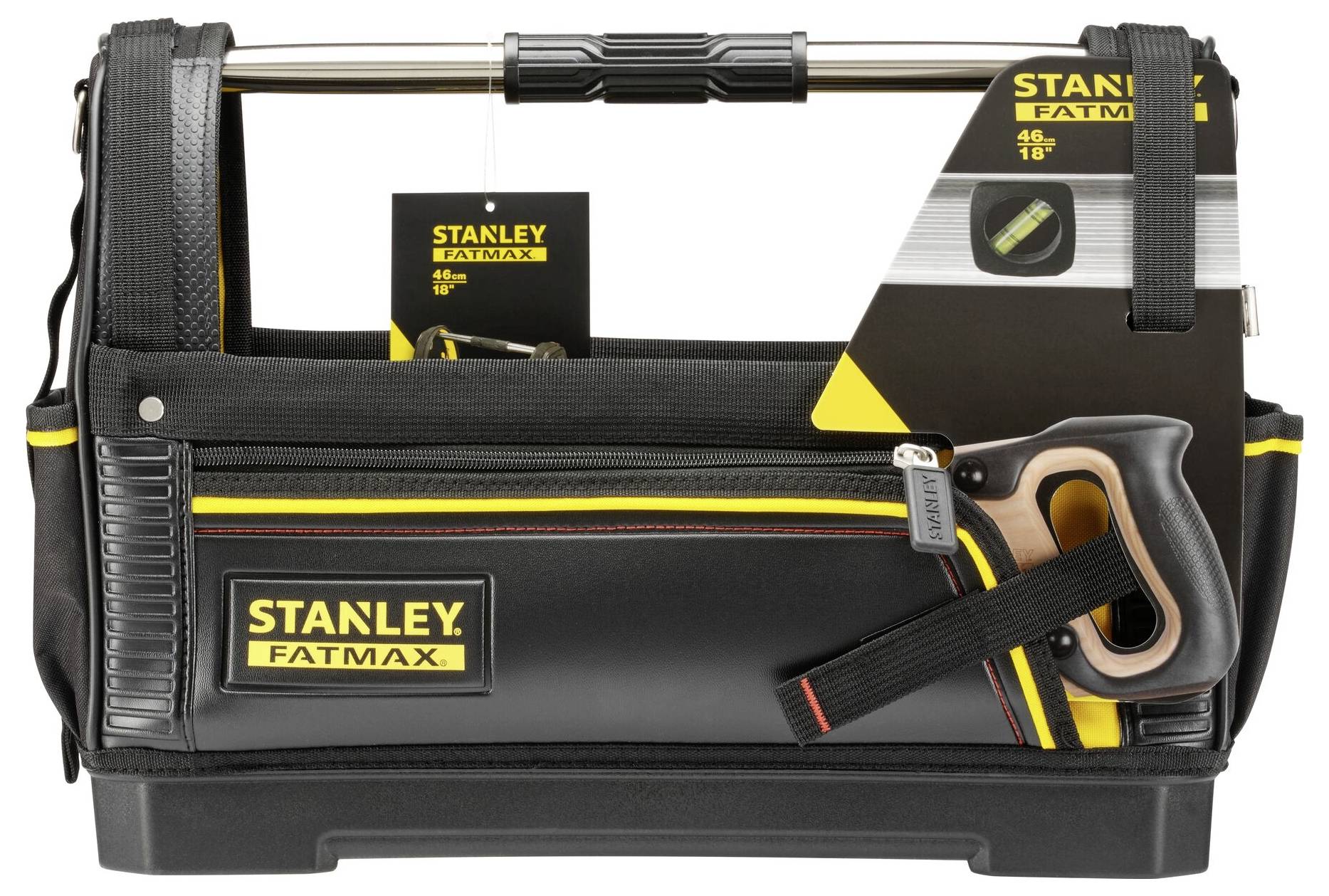 Eine schwarze Werkzeugtasche von Stanley Fatmax mit gelben Details. Sie enthält verschiedene Werkzeuge und Zubehörteile.
