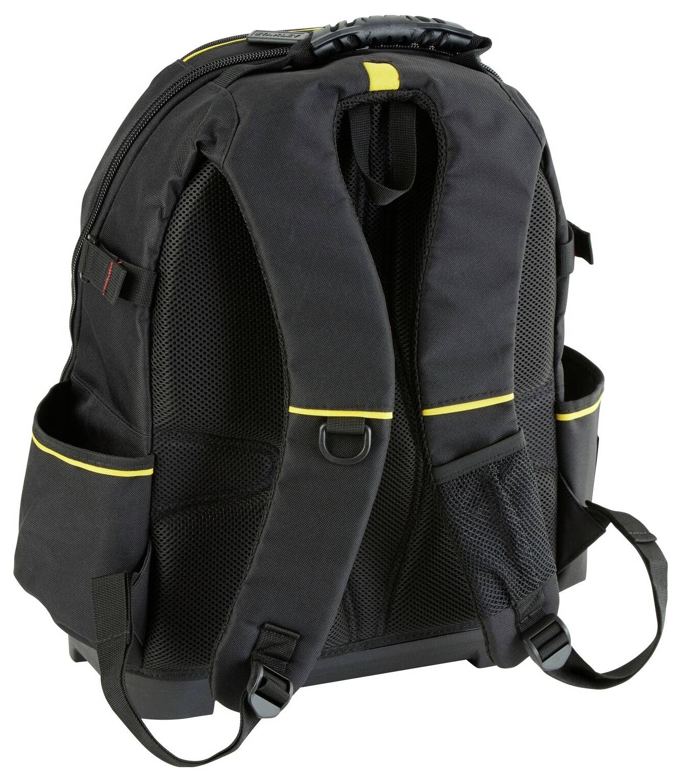 Ein schwarzer Rucksack mit gelben Akzenten, zeigt die Rückseite und verstellbare Trageriemen. Geeignet für den Transport von Gegenständen.