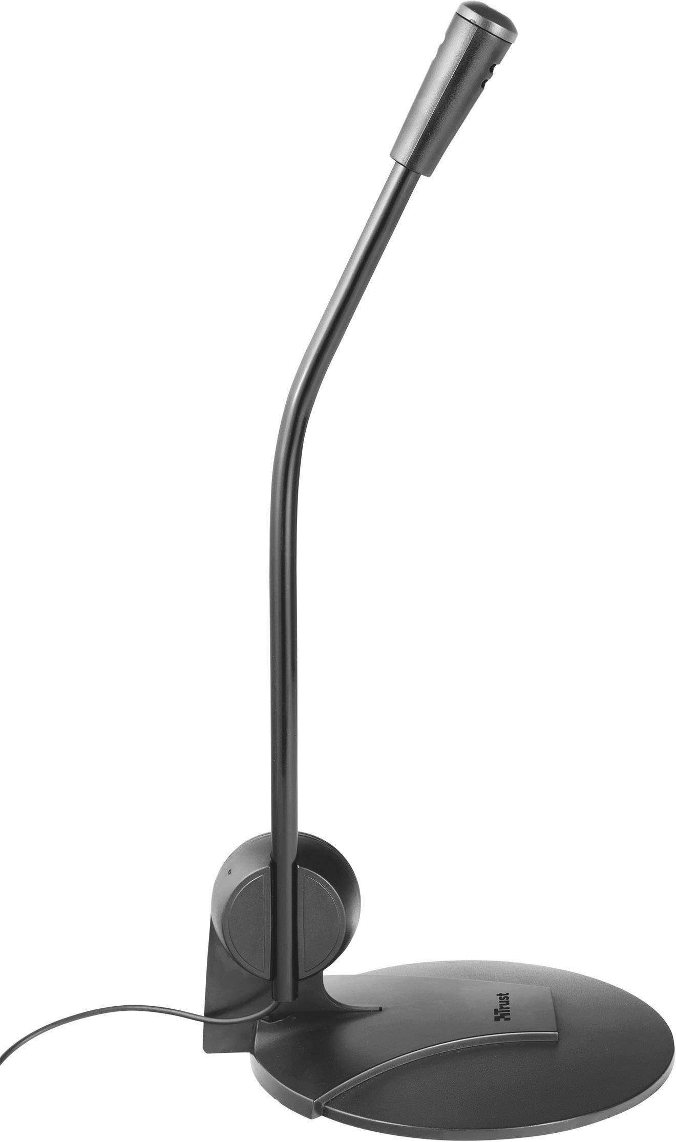 Schwarzes Tischmikrofon mit flexiblem Schwanenhals und stabilem runden Sockel, geeignet für Sprachaufnahmen oder virtuelle Meetings.