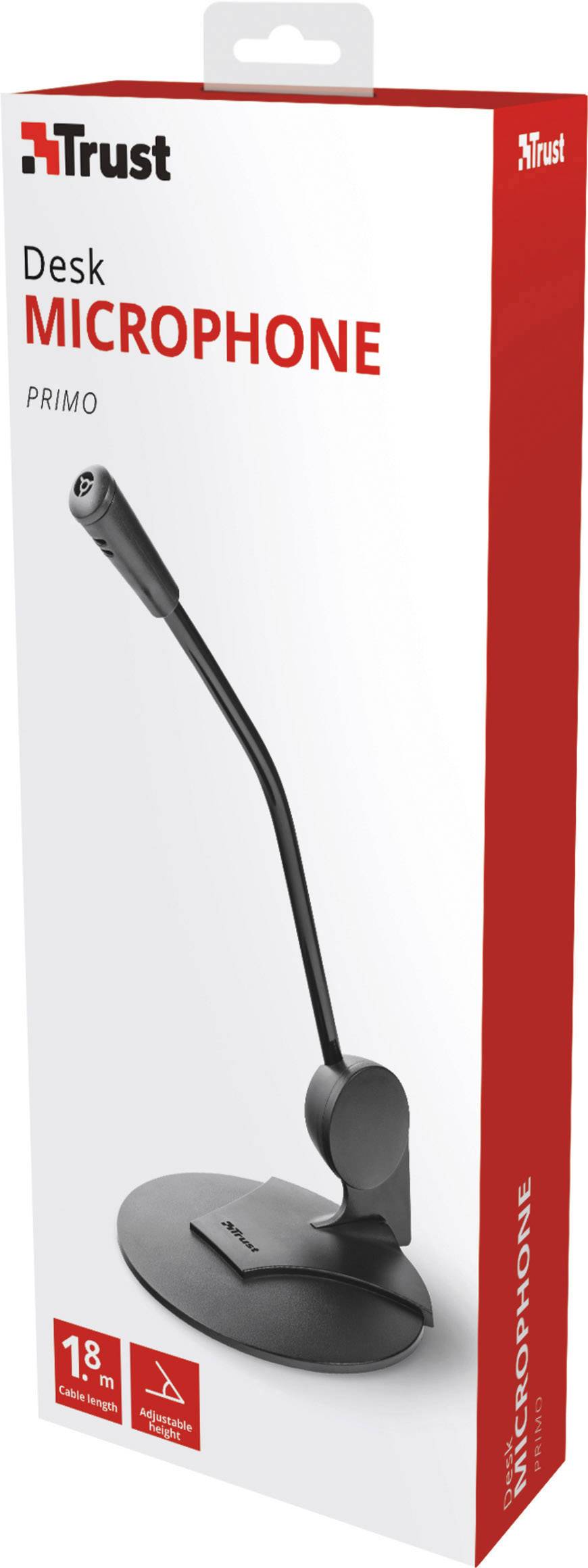 Verpackung eines Tischmikrofons mit langem Schwanenhals. Markenname 'Trust', Modell 'Primo', 18 Monate Garantie.