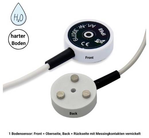 Bodensensor für harten Boden, mit Oberseite und Rückseite samt Messingkontakten; beschriftet 'Front' und 'Back'.
