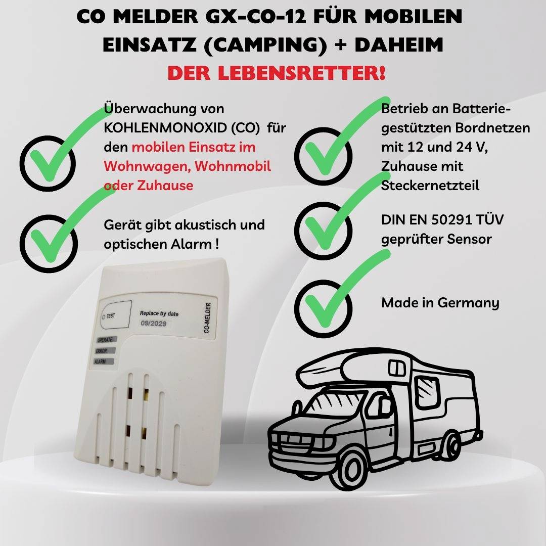 CO Melder GX-CO-12 für mobilen Einsatz. Akustischer Alarm. Für Wohnwagen, Wohnmobil oder Zuhause. Betrieb mit 12/24 V Batterien.