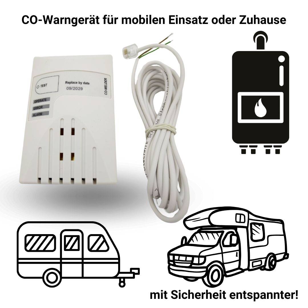 CO-Warngerät mit Kabel, empfohlen für Zuhause oder mobiles Reisen. Ideal für Wohnwagen und Wohnmobil, erhöht Sicherheit vor Gasgefahr.