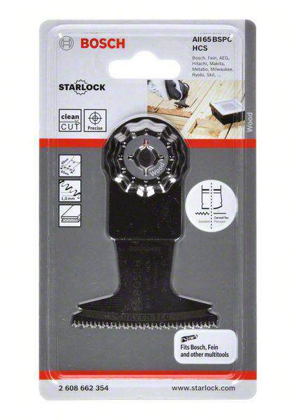 Mulitool-Sägeblatt von Bosch in Verpackung, geeignet für Holzarbeiten. Enthält Angaben zur Kompatibilität mit verschiedenen Marken.