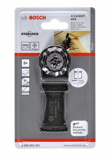 Bosch Starlock Sägeblatt AIZ 32 BSPC HCS für Holz, Verpackung mit Abbildung des Sägeblatts und Liste kompatibler Werkzeuge.
