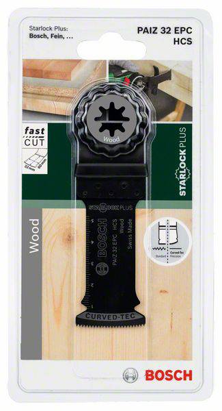 Sägeblatt Bosch PAIZ 32 EPC, geeignet für Holz, Schwarze Farbe, zackige Schneide. Verpackt in durchsichtiger Plastikverpackung.