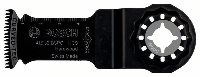 Schwarzes Bosch Starlock Sägeblatt für Holz, Modell AIZ 32 BSPC, mit Zollskala und der Aufschrift 'Hardwood Swiss Made'.