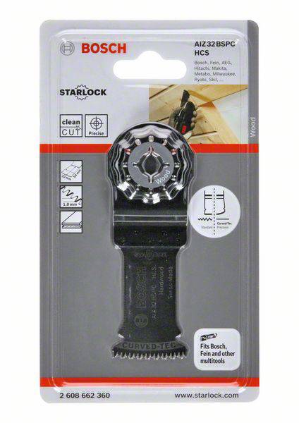 Bosch Starlock Sägeblatt AIZ 32 BSPC HCS für Holz. Geeignet für verschiedene Multitools. Bild zeigt Verpackung mit Produkt.