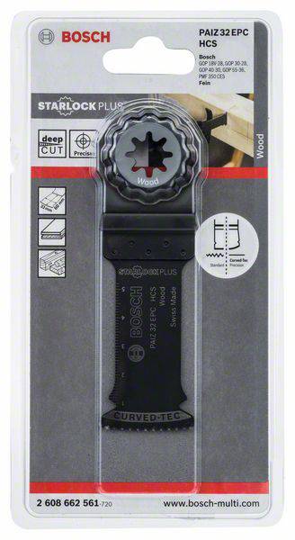 Verpackung für ein Bosch Starlock Plus PAIZ 32 EPC Sägeblatt. Geeignet für Holzarbeiten, zeigt Kompatibilität und Schneidetiefe.