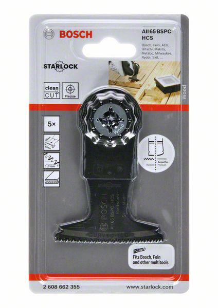 Verpackung eines Bosch Starlock Sägeblatts mit der Aufschrift 'Fits Bosch, Fein and other multitools'. Für saubere und präzise Schnitte.