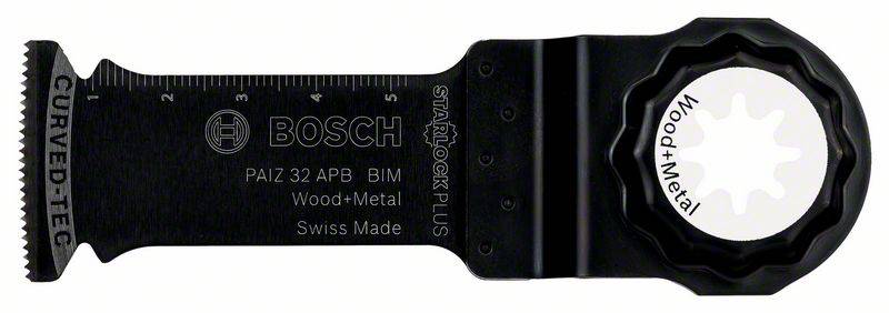 Bosch Starlock Plus Sägeblatt für Holz und Metall; schwarz, mit Messskala und gebogener, gezahnter Schneide.