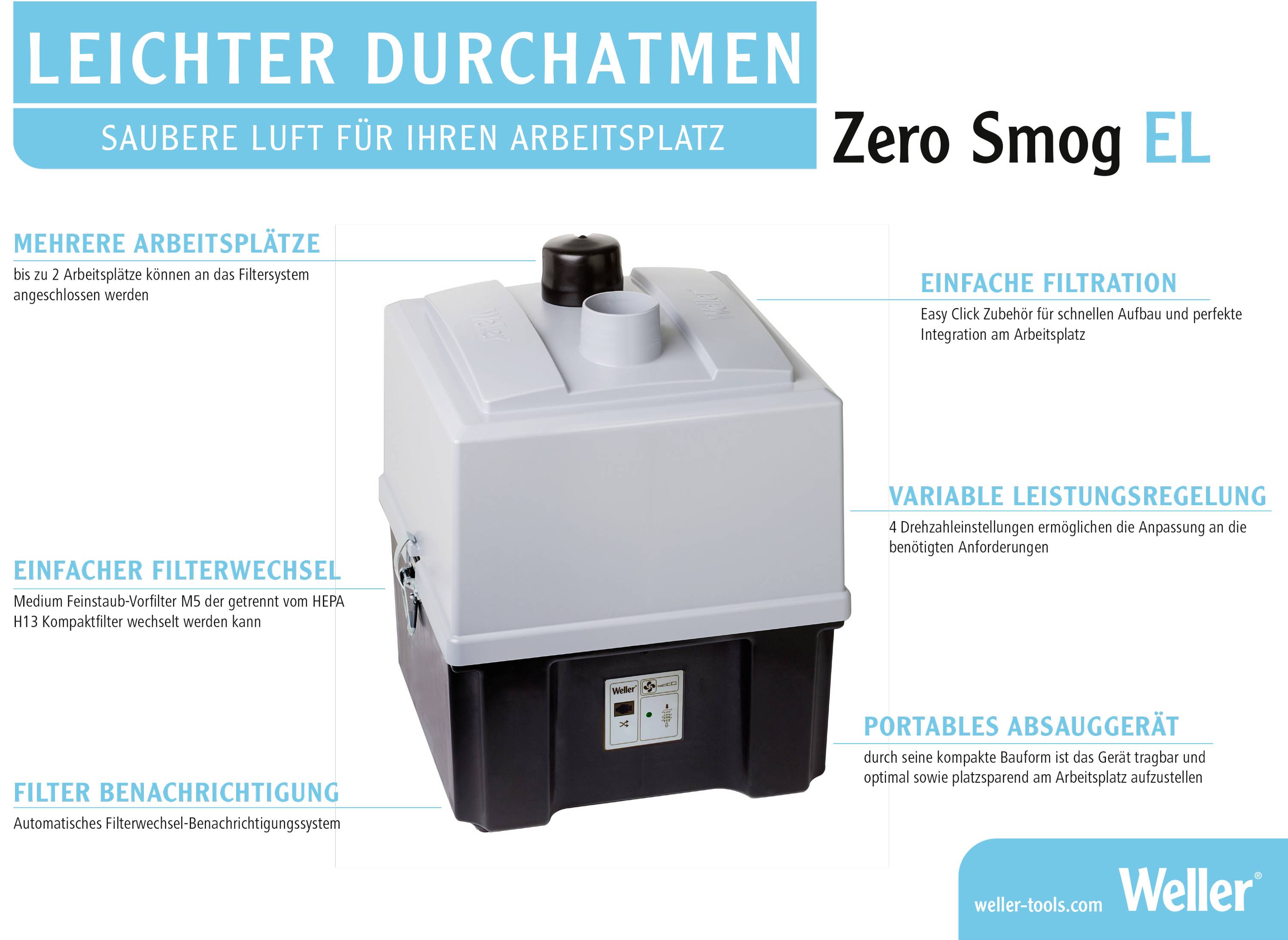 Bild eines Luftfiltersystems: Leichter Durchatmen mit dem Zero Smog EL. Merkmale: bis zu 2 Arbeitsplätze, einfache Filterwechsel, variable Leistung, portabel.