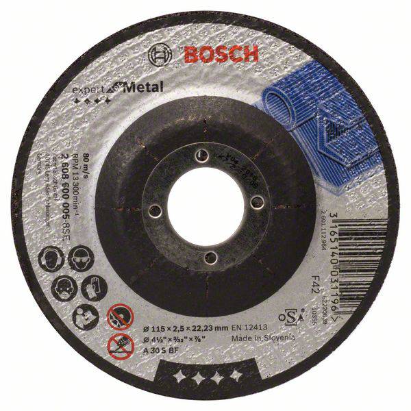 Bosch Trennscheibe für Metall, 115mm x 2,5mm, geeignet für Winkelschleifer. Enthält Sicherheits- und Anwendungssymbole.