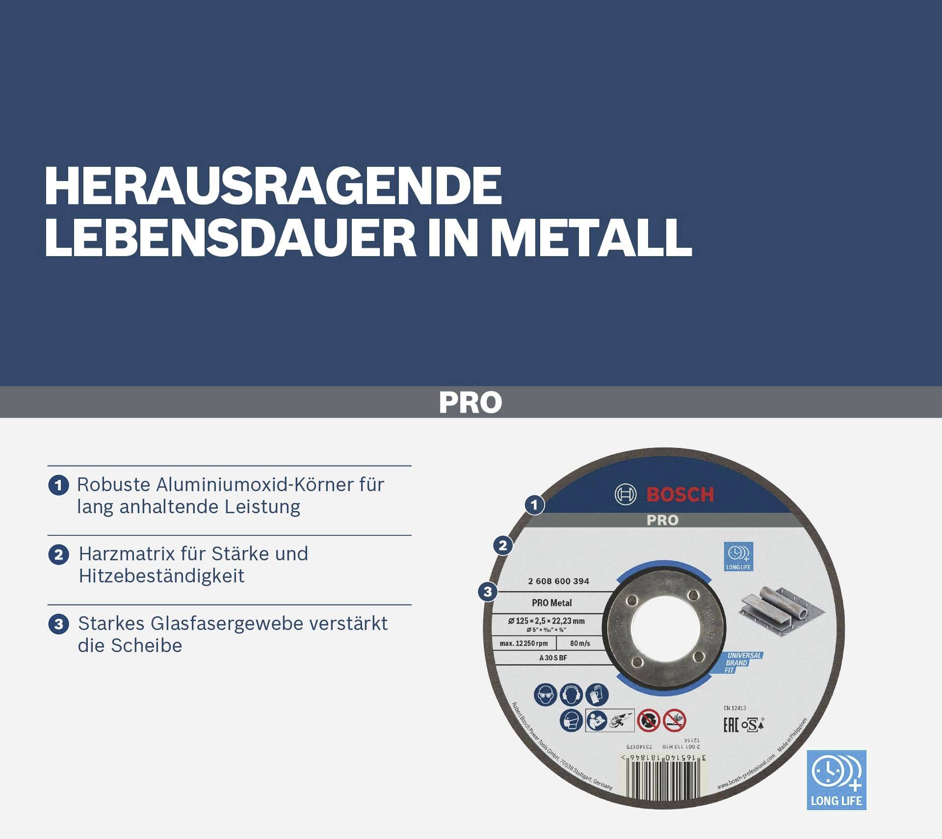 Schleifscheibe für Metallbearbeitung mit langer Lebensdauer. Merkmale: Aluminiummatrix für Stärke, glasfaserverstärkte Scheibe.
