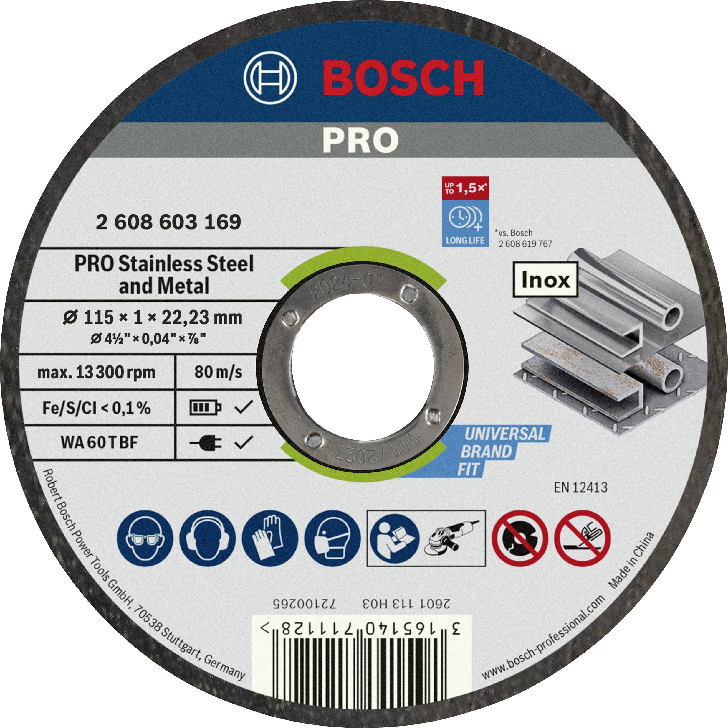 Schleifscheibe von Bosch mit Aufschrift 'PRO Stainless Steel and Metal', Durchmesser 115 mm, max. 13.300 U/min, Universal Brand Fit.