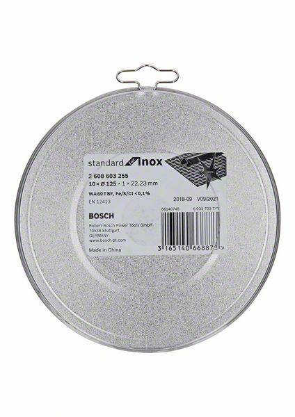 Metallschneidescheibe mit 'standard inox' Label. Maße: 125 x 1,5 x 22,23 mm. Hersteller: Bosch. Verpackung zeigt Barcode und Produktionsinformationen.