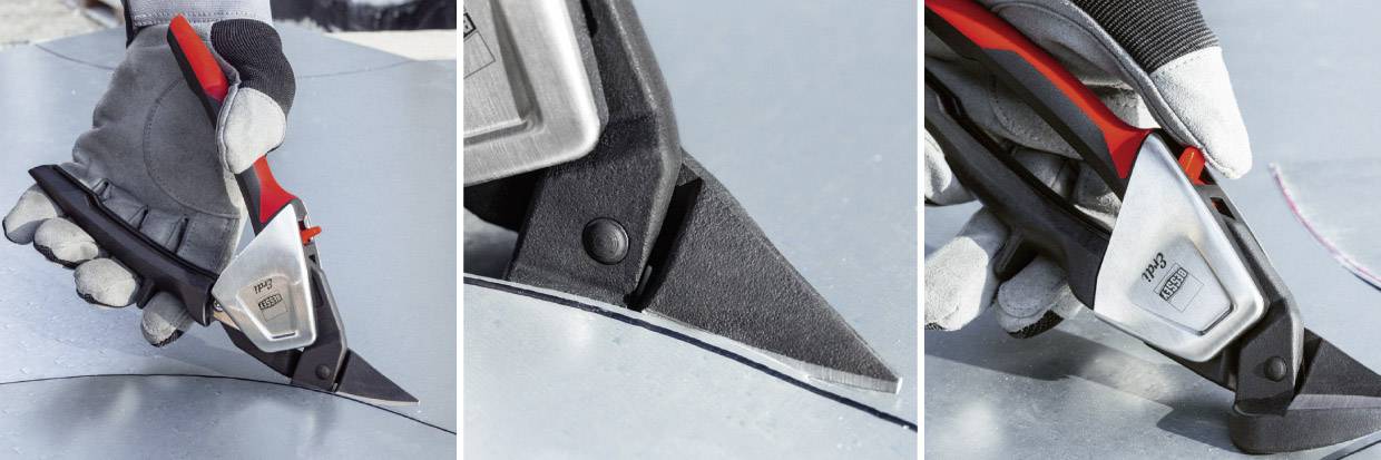 Drei Bilder zeigen Nahaufnahmen einer Schere, die Metall schneidet, mit einem robusten Griff und scharfer Klinge für präzises Schneiden.