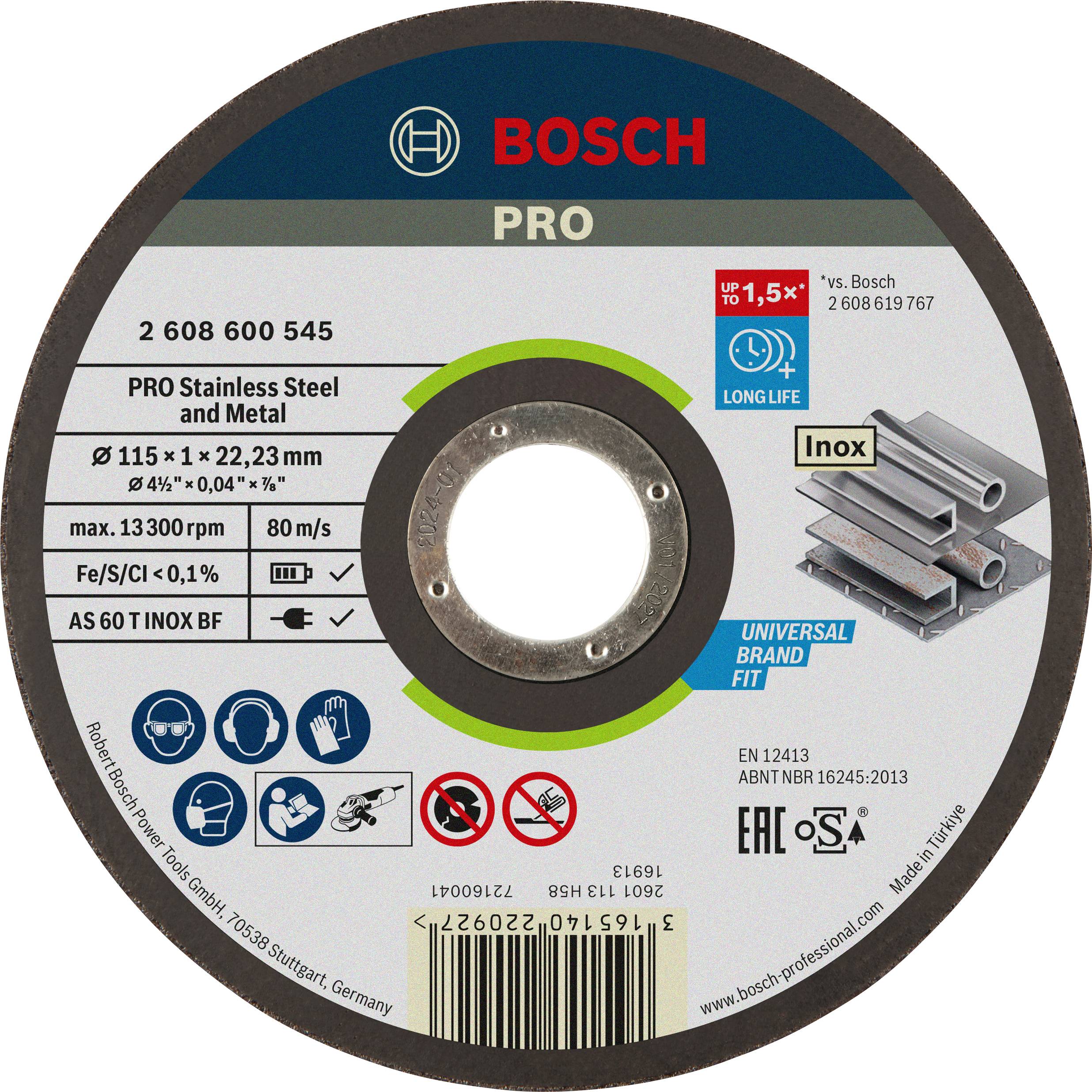Bosch PRO Trennscheibe für Edelstahl und Metall, 115 x 1 mm, max. 13.300 U/min, geeignet für Universalgeräte, Inox zertifiziert.