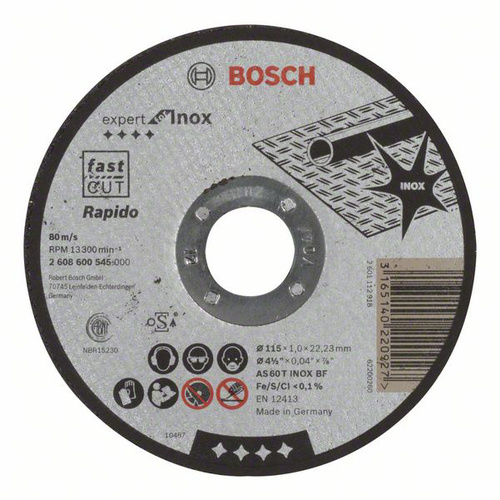 Bosch Accessories AS 60 T Inox BF 2608600545 Trennscheibe gerade 115mm Stahl, Edelstahl