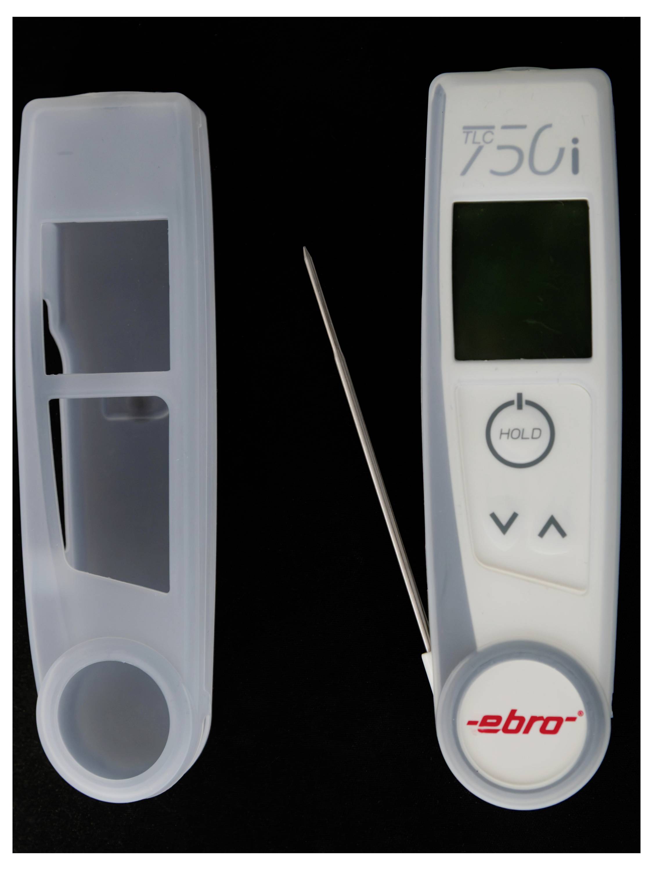 Zwei weiße tragbare Thermometer-Geräte auf schwarzem Hintergrund, eines in einer Schutzhülle und eines mit der Aufschrift "TLC 750i" mit einer Messsonde daneben.