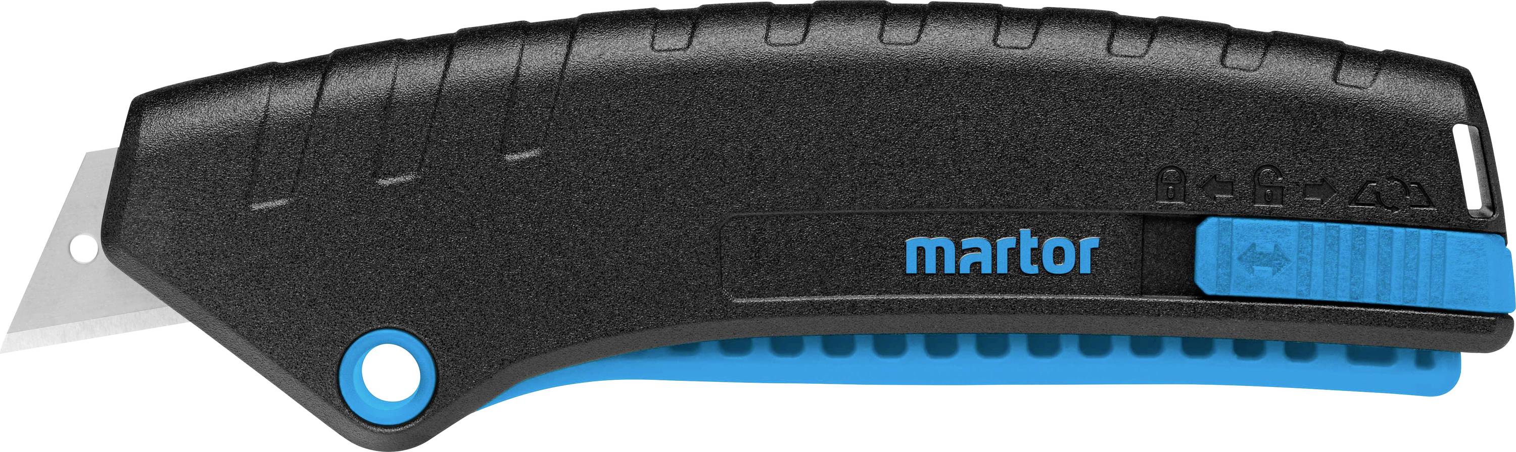 Ein schwarzer Sicherheitsmesser mit blauer Klinge. Markenname 'martor' in Blau, Schiebeschalter an der Seite für Klingensteuerung.
