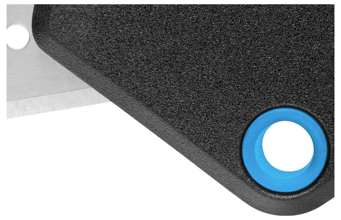 Ein schwarzes, rechteckiges Objekt mit abgerundeten Ecken und einem blauen kreisförmigen Element in der unteren rechten Ecke.