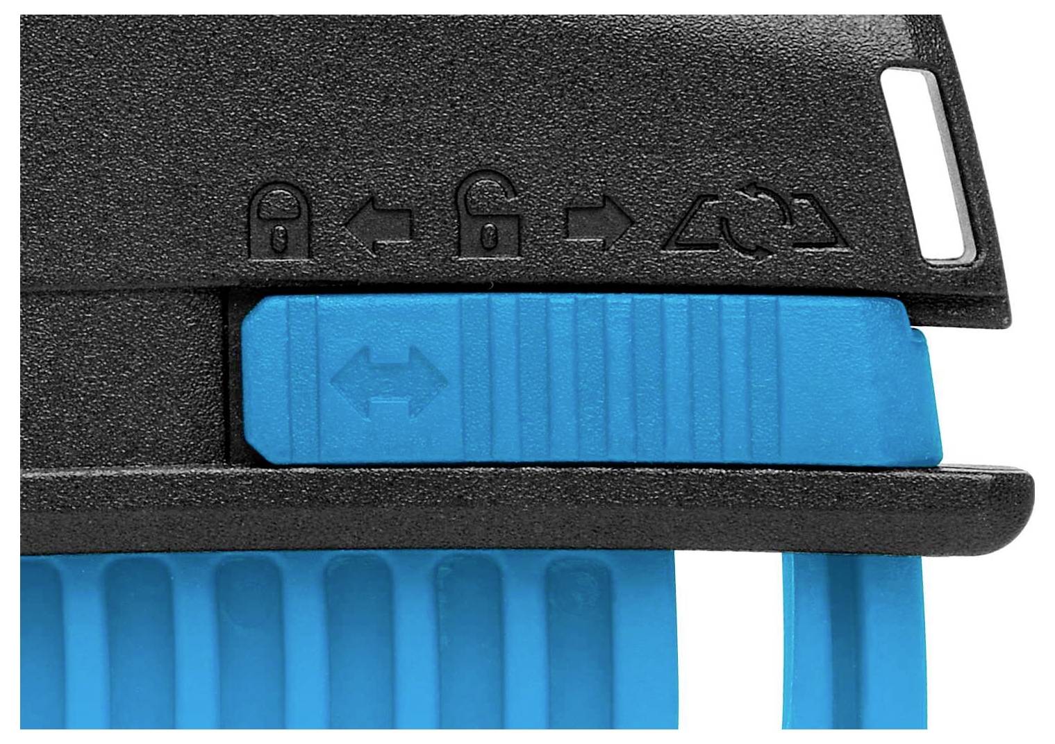 Schwarze Werkzeugoberfläche mit blauen Teile, Schiebemechanismus und Verschlusssymbole. Funktion unklar.