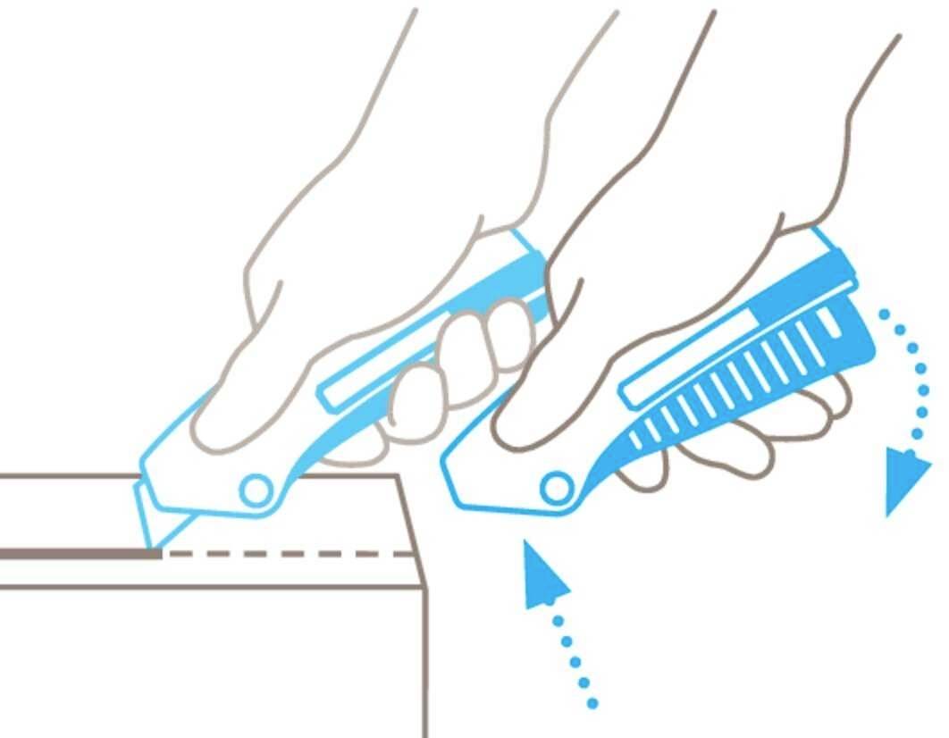 Eine Grafik zeigt, wie man mit einem Cuttermesser sicher eine Kiste öffnet. Zwei Hände halten das Messer, während es entlang einer Linie schneidet.