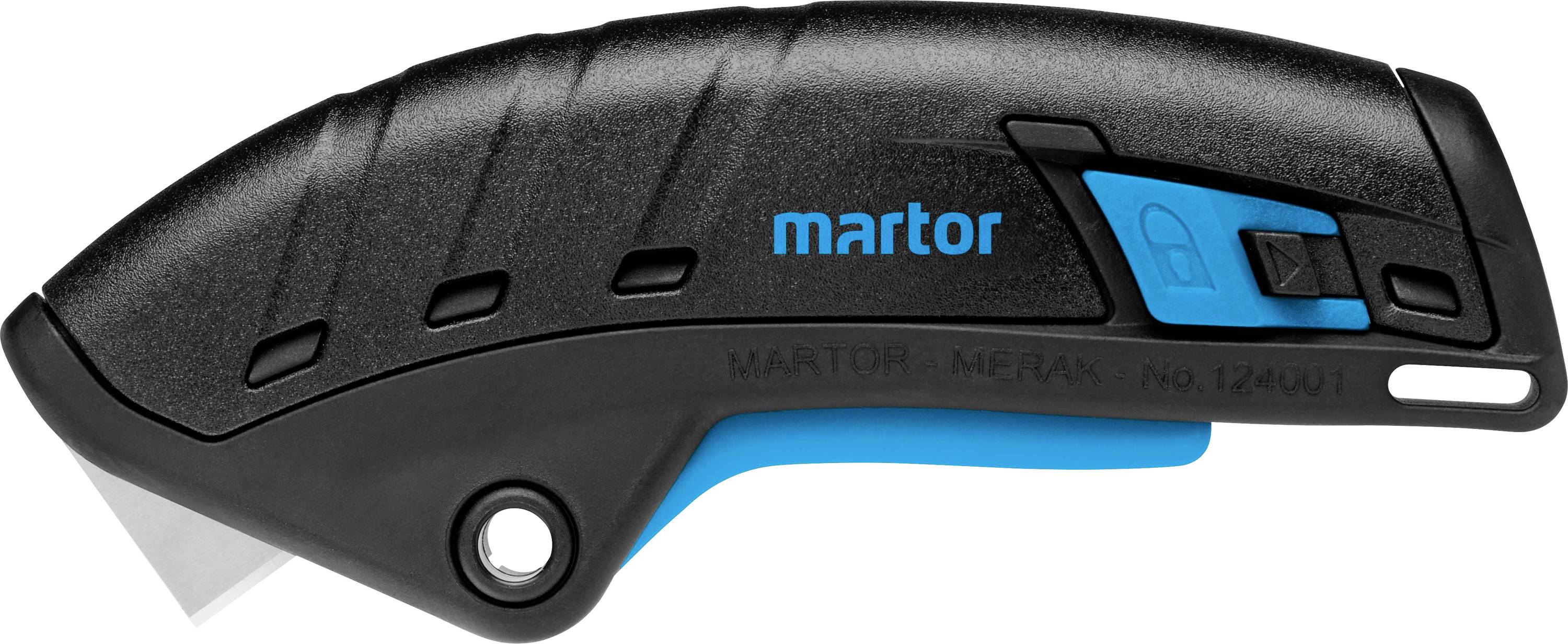Schwarzer und blauer Sicherheitscutter mit gebogenem Griff und sichtbarer Klinge, Markenname 'martor' auf dem Gehäuse.