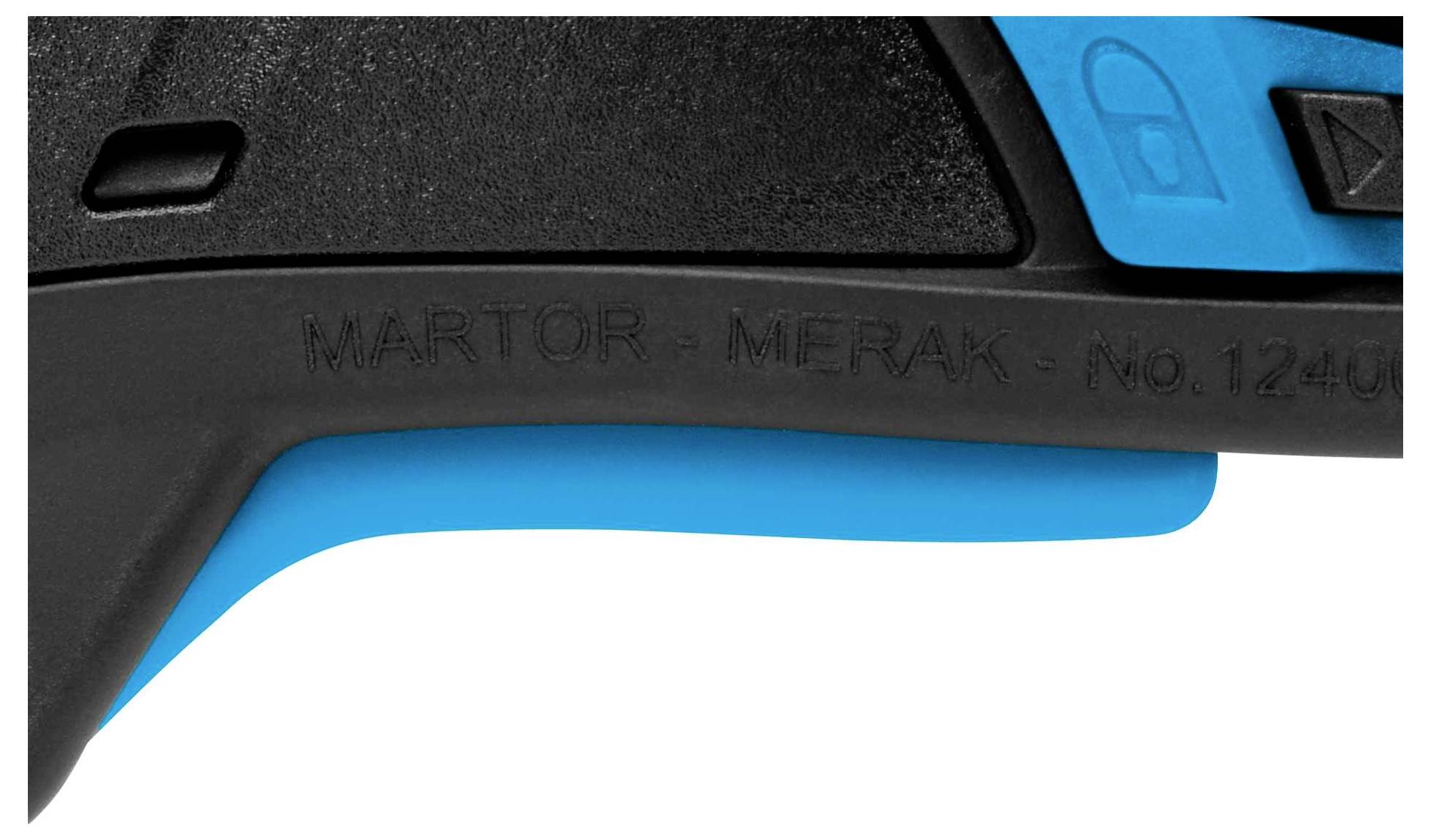 Cutter-Griff in Schwarz und Blau mit der Aufschrift 'MARTOR - MERAK - No. 124001' und Symbolen für gesperrt und entriegelt.