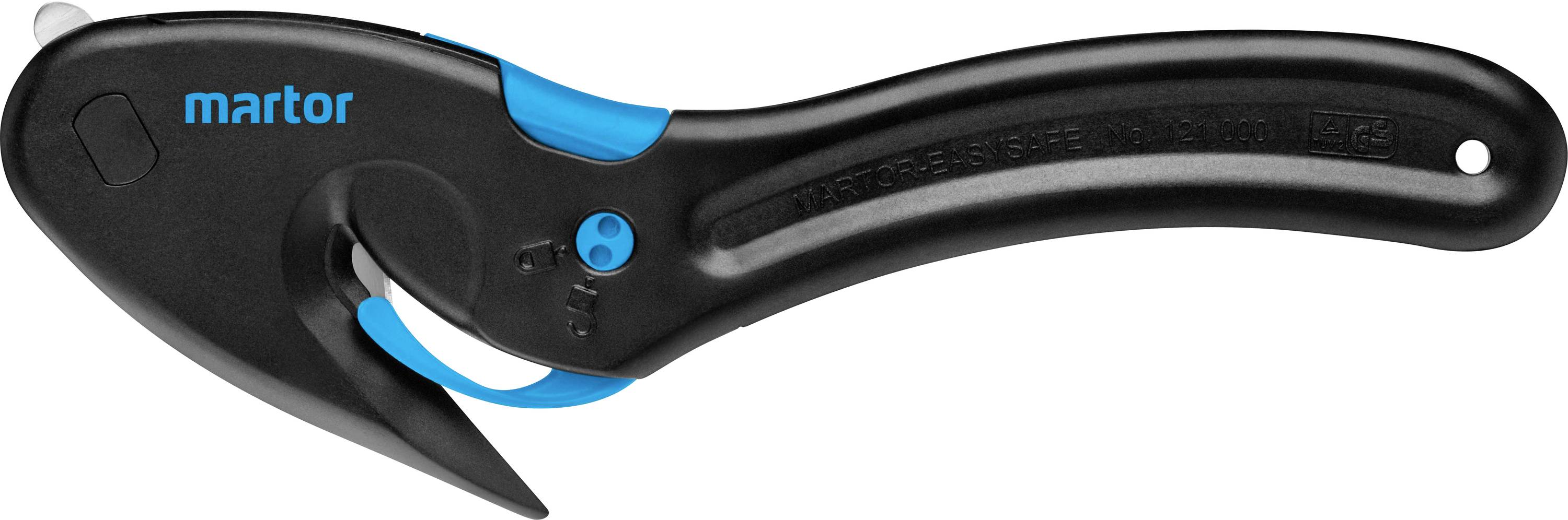Ein schwarzes Sicherheitsmesser mit gebogenem Griff und blauer Klinge. Designed für präzises Schneiden und erhöhte Sicherheit.
