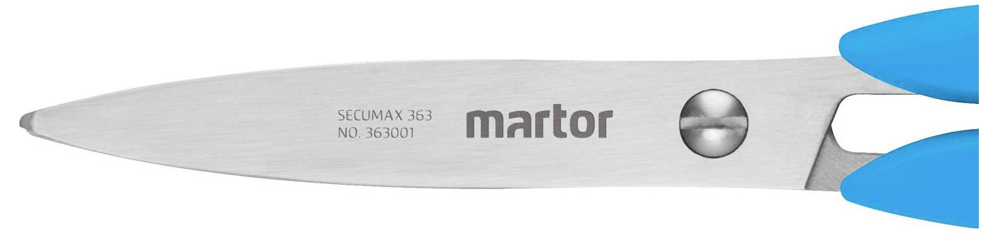 Eine silberne Schere mit blauen Griffen, auf der Klinge steht 'SECUMAX 363 NO. 365001 martor'.