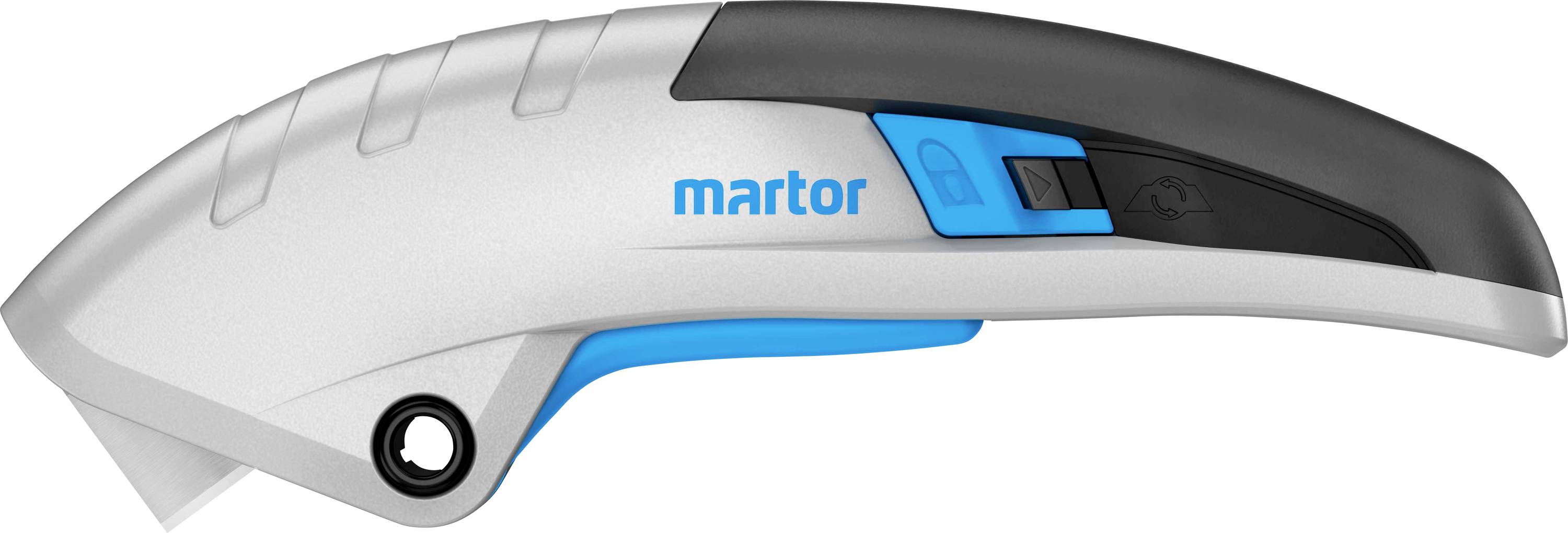 Ein Sicherheitsschneider mit ergonomischem Design, grauem und schwarzem Griff sowie blauen Akzenten, geeignet für sicherheitsbewusstes Schneiden.