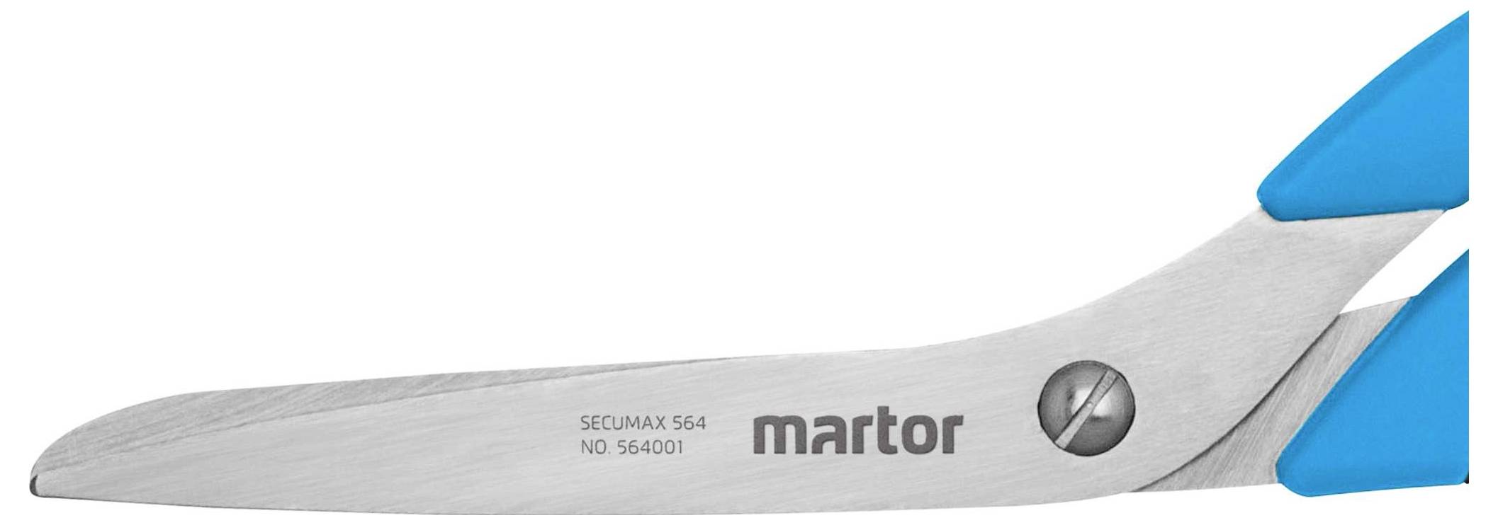 Eine silberne Schere mit blauen Griffen, auf der Klinge steht 'SEUMAX 564, NO 564001, martor'.
