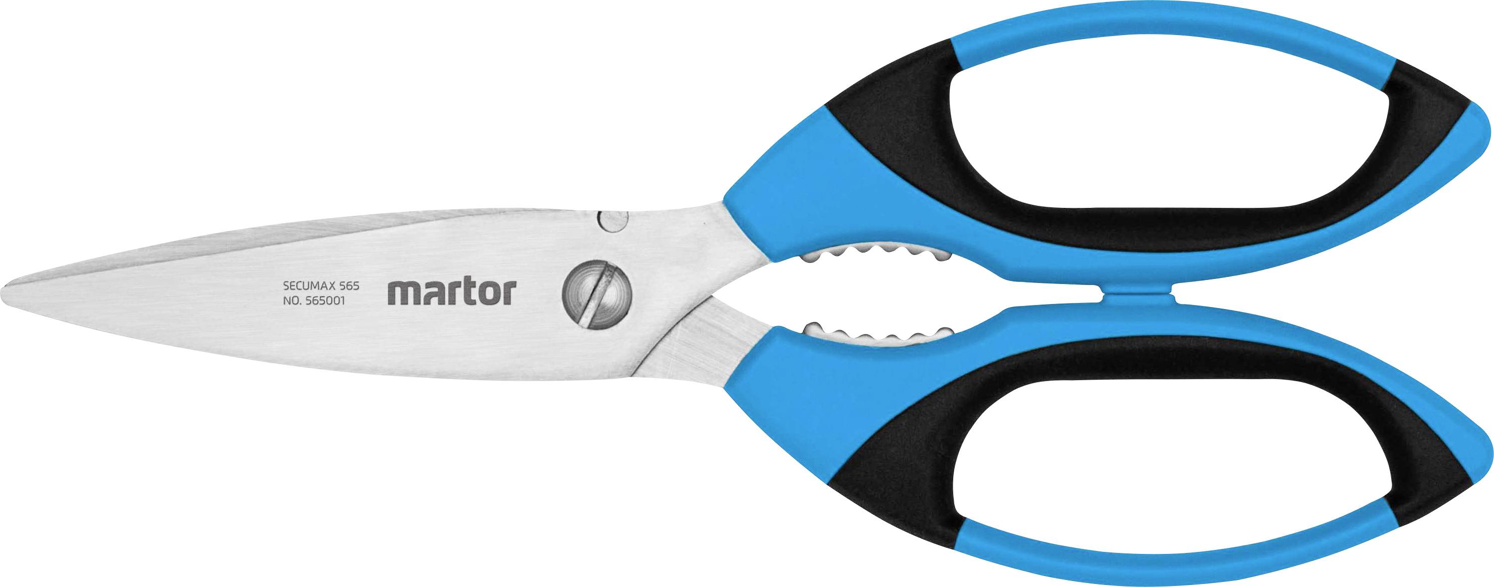 Eine blaue und schwarze Schere mit Edelstahlklingen, auf der 'martor' steht, in einer Nahaufnahme. Sie hat ergonomische Griffe.