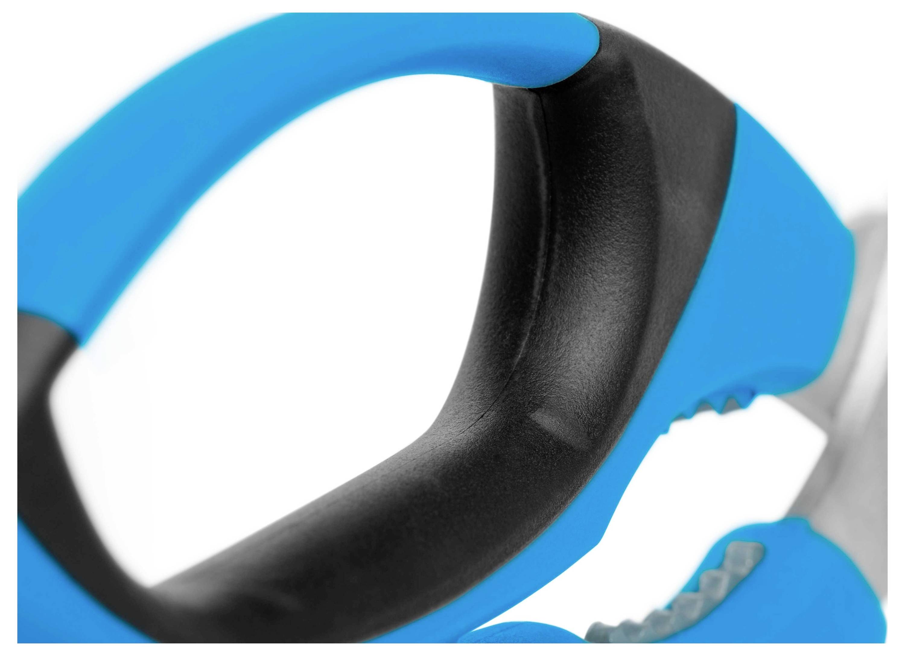 Nahaufnahme eines blauen und schwarzen Kunststoffgriffs, vermutlich Teil eines Werkzeugs oder Küchengeräts, mit ergonomischem Design.