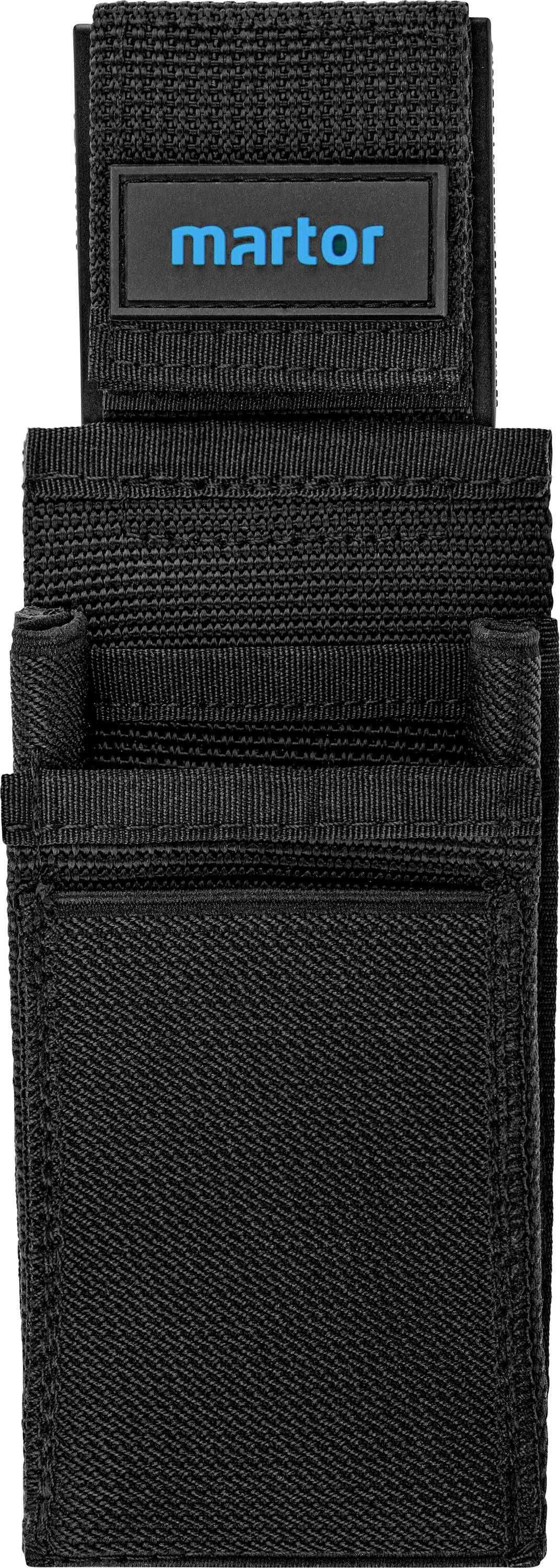 Schwarzes Etui mit einer Aufschrift 'martor' in Blau. geeignet zur Aufbewahrung von kleinen Werkzeugen oder Zubehör.