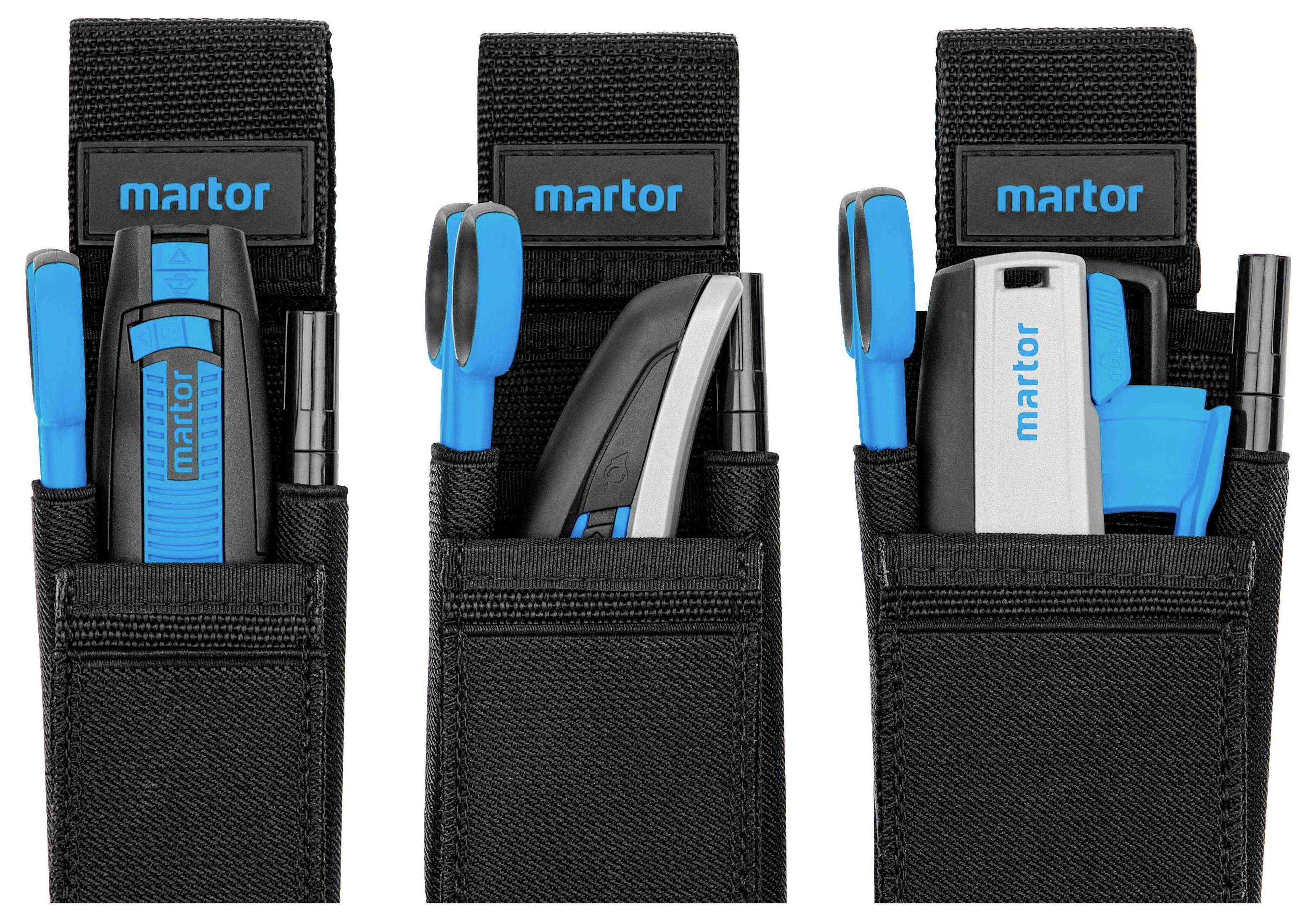 Drei schwarze Etuis mit blauen und schwarzen Schneidewerkzeugen, darunter Scheren und Sicherheitsmesser, jeweils mit 'martor'-Logo.